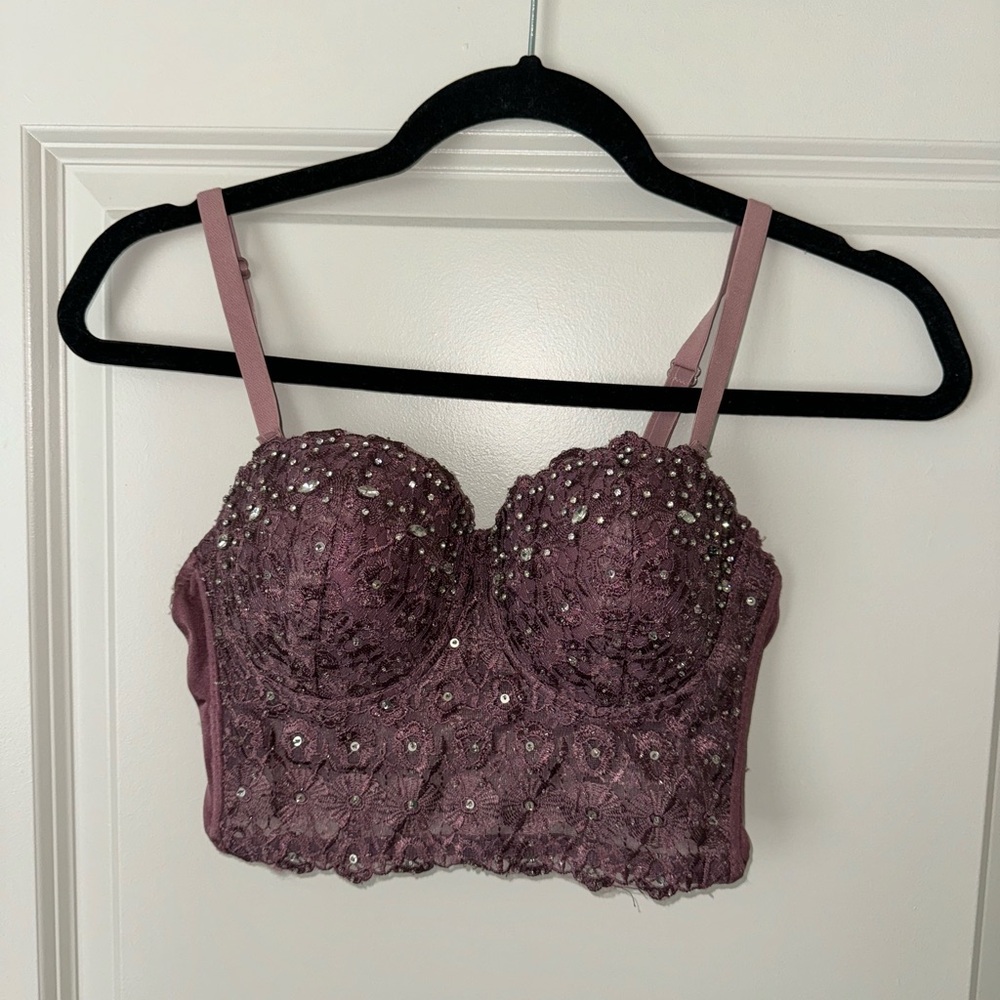 Windsor Mauve Lace Embellished Bustier Crop Top